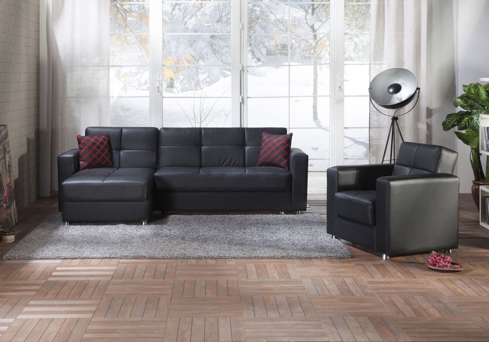 Black leatherette sectional sofa with sleeper & storage by Istikbal additional picture 2