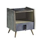 Gray top grain leather & aluminum nightstand w/ usb plug charge by Acme additional picture 3