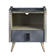 Gray top grain leather & aluminum nightstand w/ usb plug charge by Acme additional picture 4