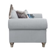 Light gray linen upholstery & platinum finish base floral trim accent loveseat additional photo 2 of 5