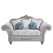 Light gray linen upholstery & platinum finish base floral trim accent loveseat additional photo 5 of 5