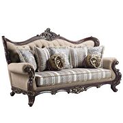 Light brown linen & cherry finish upholstery detailed carvings sofa by Acme additional picture 4