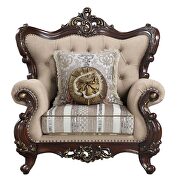 Light brown linen & cherry finish upholstery detailed carvings chair by Acme additional picture 5