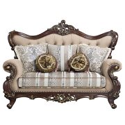 Light brown linen & cherry finish upholstery detailed carvings loveseat by Acme additional picture 6