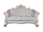 Two tone ivory fabric & antique pearl finish crystal like button tufting sofa by Acme additional picture 8