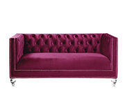 Burgundy velvet upholstery and button tufted mirrored trim accent sofa by Acme additional picture 3