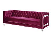 Burgundy velvet upholstery and button tufted mirrored trim accent sofa by Acme additional picture 4