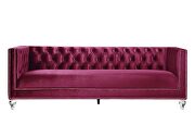 Burgundy velvet upholstery and button tufted mirrored trim accent sofa by Acme additional picture 5