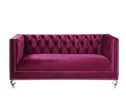 Burgundy velvet upholstery and button tufted mirrored trim accent loveseat by Acme additional picture 3