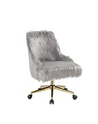 Gray faux fur padded seat & back & gold finish base office chair by Acme additional picture 2