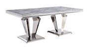 Light gray printed faux marble top and stainless steel pedestals base dining table by Acme additional picture 2