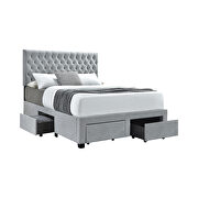 Queen storage bed upholstered in a light gray fabric additional photo 2 of 1