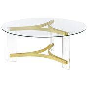 Round glass top coffee table with acrylic legs clear and matte brass by Coaster additional picture 7