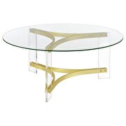Round glass top coffee table with acrylic legs clear and matte brass by Coaster additional picture 10