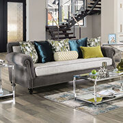 Gray velvet upholstery and white knit cushions sofa additional photo 2 of 10