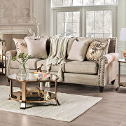 Beige/ gold chenille fabric sofa with individual nailhead trim additional photo 2 of 9