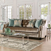 Transitional style champagne/ turquoise chenille fabric sofa additional photo 2 of 10