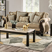 Ornately carved wood details tan/ brown chenille fabric sofa additional photo 2 of 11