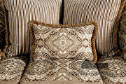 Ornately carved wood details tan/ brown chenille fabric sofa additional photo 4 of 11