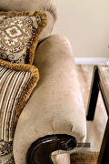 Ornately carved wood details tan/ brown chenille fabric sofa additional photo 5 of 11