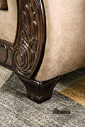 Ornately carved wood details tan/ brown chenille fabric loveseat additional photo 4 of 9