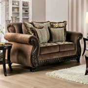 Ornately carved wood details brown chenille fabric sofa additional photo 2 of 12