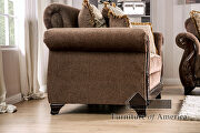 Ornately carved wood details brown chenille fabric sofa additional photo 4 of 12