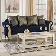 Lustrous soft chenille and distressed natural ivory-finished wood sofa additional photo 3 of 7