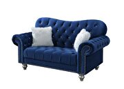 Blue velvet like fabric tufted curved loveseat by Global additional picture 2