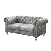 Tufted design low profile glam gray velvet sofa additional photo 4 of 5