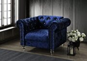 Tufted design low profile glam dark blue velvet sofa additional photo 2 of 5