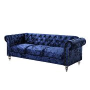 Tufted design low profile glam dark blue velvet sofa additional photo 3 of 5