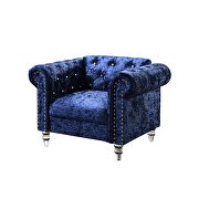 Tufted design low profile glam dark blue velvet sofa additional photo 4 of 5