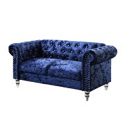 Tufted design low profile glam dark blue velvet sofa additional photo 5 of 5