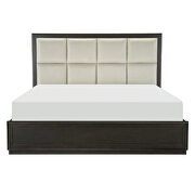 Dark charcoal finish and beige fabric upholstered headboard queen platform bed additional photo 3 of 13