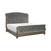 Weathered pecan finish velvet fabric upholstery queen bed additional photo 4 of 19