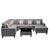 Gray linen fabric 7pc reversible chaise sectional sofa with interchangeable legs and storage ottoman by La Spezia additional picture 6
