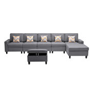 Gray linen fabric 6pc reversible sectional sofa chaise with interchangeable legs and storage ottoman by La Spezia additional picture 5