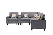 Gray linen fabric 6pc reversible sectional sofa with usb charging ports cupholders and storage console table by La Spezia additional picture 2