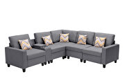 Gray linen fabric 6pc reversible sectional sofa with usb charging ports cupholders and storage console table by La Spezia additional picture 3