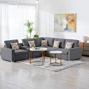 Gray linen fabric 6pc reversible sectional sofa with usb charging ports cupholders and storage console table by La Spezia additional picture 4