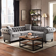 Dark gray tufted velvet upholstered rolled arm classic chesterfield sectional low back sofa additional photo 5 of 12