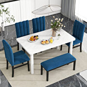 6-piece dining table set with marble veneer table and 4 flannelette upholstered dining chairs, bench in white/ blue by La Spezia additional picture 9