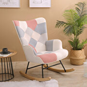 Pink patchwork linen fabric mid-century rocking chair with wood legs by La Spezia additional picture 3