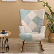 Blue patchwork linen fabric mid-century rocking chair with wood legs by La Spezia additional picture 3