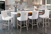 Beige velvet upholstered barstools with button tufted decoration and chrome nailhead by La Spezia additional picture 12