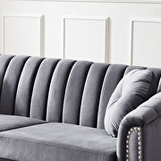Modern gray velvet upholstered tufted back sofa with solid wood legs by La Spezia additional picture 4
