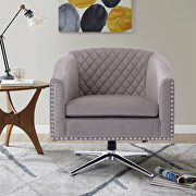 Gray velvet swivel barrel chair with nailheads and metal base by La Spezia additional picture 9