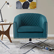 Blue velvet swivel barrel chair with nailheads and metal base additional photo 5 of 12