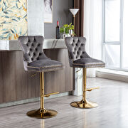 Gray velvet upholstered bar stool with tufted high back and chrome golden base set of 2 by La Spezia additional picture 2